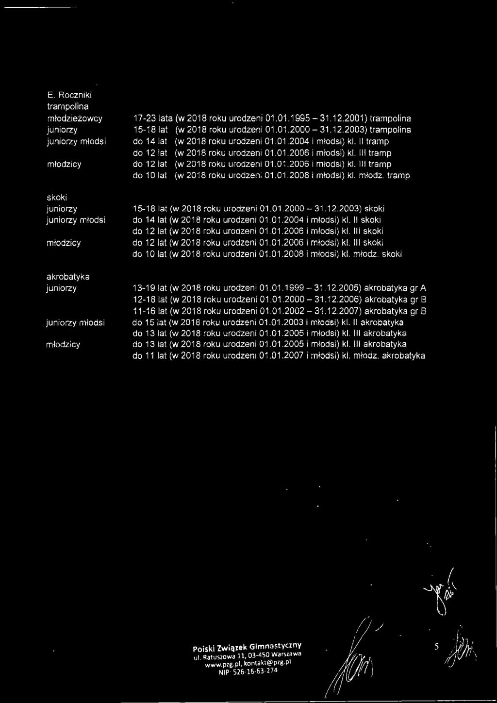 E. Roczniki trampolina młodzieżowcy m łods i młodzicy skoki m łodsi młodzicy akrobatyka młodsi młodz i cy 7-23 lata (w 208 roku urodzeni 0.0.995-3.2.200) trampolina 5-8 lat (w 208 roku urodzeni 0.0.2000-3.