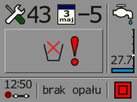 KOMUIKATY: BRAK OPAŁU komunikat sygnalizujący o tym, że wystąpił koniec opału w zbiorniku lub kocioł nie miał przyrostu temperatury w okresie 30 min.