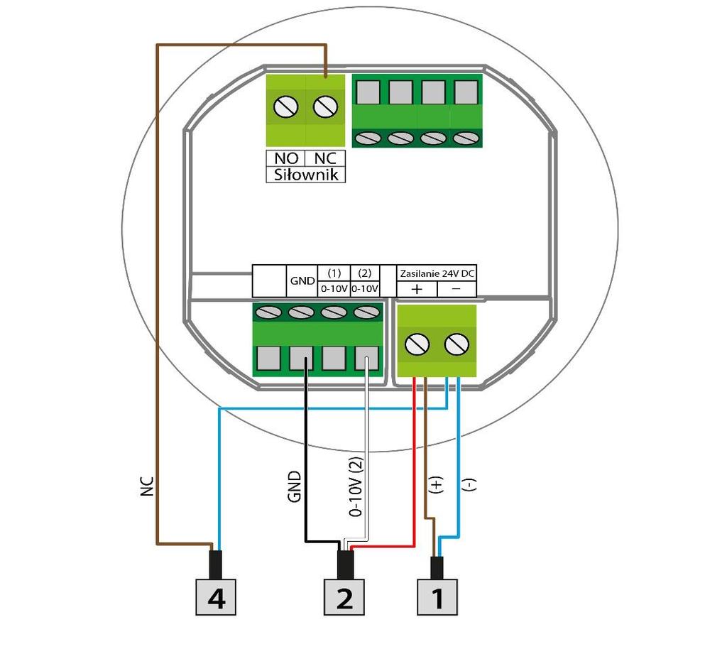 3. Podłączenie siłownika NC IV. Obsługa sterownika IVa) Zasada działania Regulator VER-24 steruje wentylatorem oraz zaworami w celu utrzymania w pomieszczeniu zadanej temperatury.