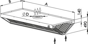 Szerokość 900-1600 B B B B B B B B mm 900 1000 1100 1200 1300 1400 1500 1600 Oświetlenie Sugerowana średnica króćca wylotowego Ø D (mm) 1000 1926 2006 2087 2167 2247 2327 2408 2488 270 200 1100 2009