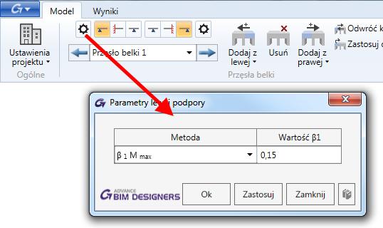 Pokaż symbole zakończeń prętów: na końcach prętów podłużnych pojawia się symbol zakończenia. Głębokość cięcia: wartość głębokości widoku dla przekroju poprzecznego belki.