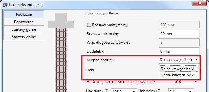 Ulepszenia w zarządzaniu prętami startowymi Dla lepszego zarządzania prętami startowymi w słupach, zostały dodane dwie nowe opcje: Miejsce podziału pozwala na