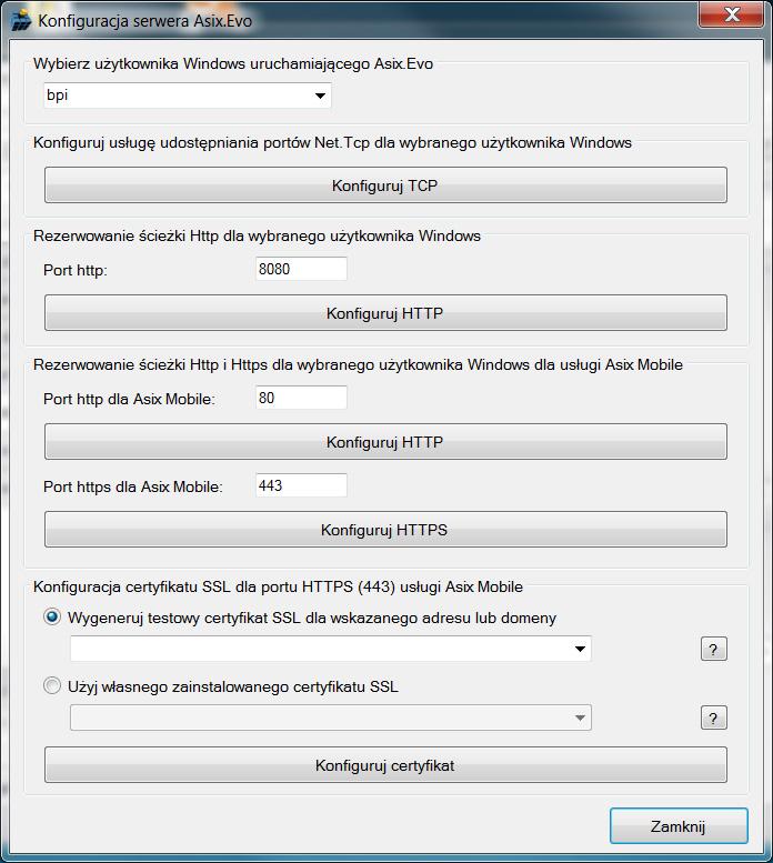 3. Konfiguracja serwera użycie własnego zainstalowanego certyfikatu SSL). Rys. Okno konfiguratora komunikacji Windows. Protokół http nie wymaga żadnych dodatkowych czynności konfiguracyjnych.