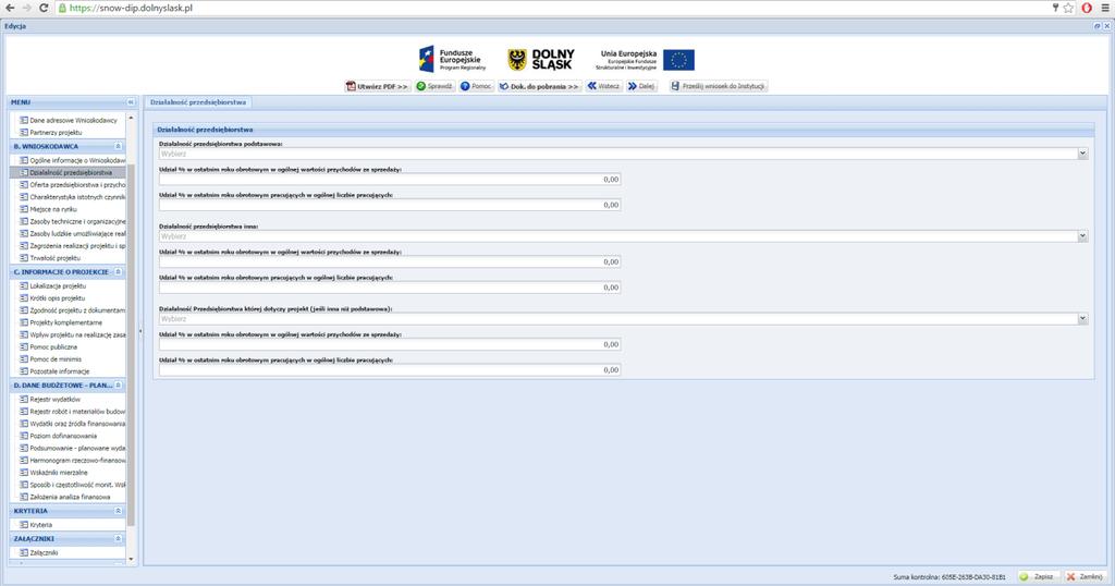 DZIAŁALNOŚĆ PRZEDSIĘBIORSTWA Z rozwijanej listy należy wybrać numer kodu Polskiej Klasyfikacji Działalności (PKD) podstawowej oraz innej działalności Wnioskodawcy.
