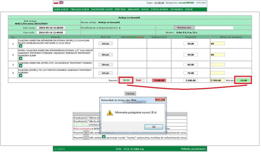 poniższy komunikat: Podczas licytacji, kiedy nie zostanie zachowany skok maksymalny (w tym przypadku skok max.