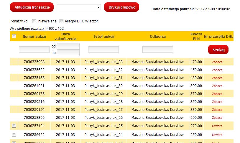 Allegro wydruk grupowy z użyciem szablonu Allegro 5/5 Aukcje dla których pobrano etykiety do druku (plik) nie mają dostępnego pola wyboru przy