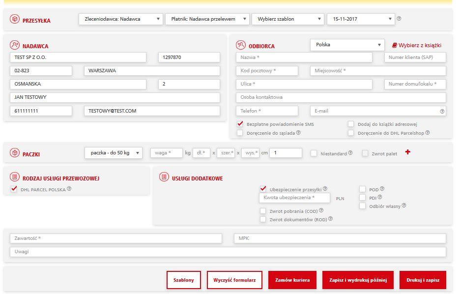 Szablony przesyłek - opis Opcja wyboru szablonów jest dostępna tylko w jednoekranowej wersji aplikacji DHL24 (sekcja PRZESYŁKA / Wybierz szablon) na ekranie tworzenia przesyłki.