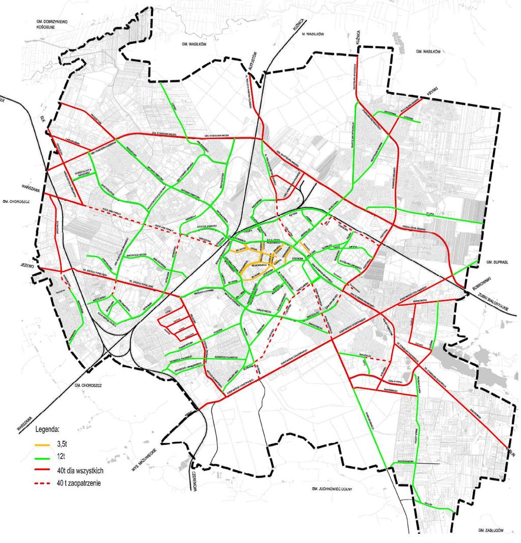 Rysunek 1 7. Plan ograniczeń poruszania się pojazdów ciężarowych na terenie miasta Białystok (opracowanie własne UM Białystok). 1.5.1.7. ROZBUDOWA UKŁADU DROGOWEGO MIASTA Rozbudowa układu drogowego miasta może spowodować zmianę natężenia i struktury ruchu samochodowego na niektórych ulicach Białegostoku.