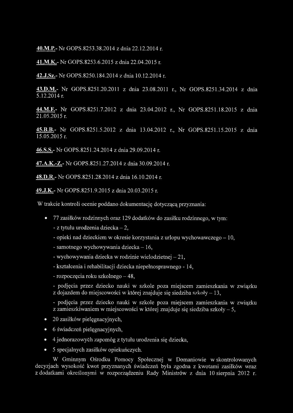 8251.15.2015 z dnia 15.05.2015 r. 46.S.S.- Nr GOPS.8251.24.2014 z dnia 29.09.2014 r. 47.A.K.-Z.- Nr GOPS.8251.27.2014 z dnia 30.09.2014 r. 48.D.R.- Nr GOPS.8251.28.2014 z dnia 16.10.2014 r. 49.J.K.- Nr GOPS.8251.9.2015 z dnia 20.