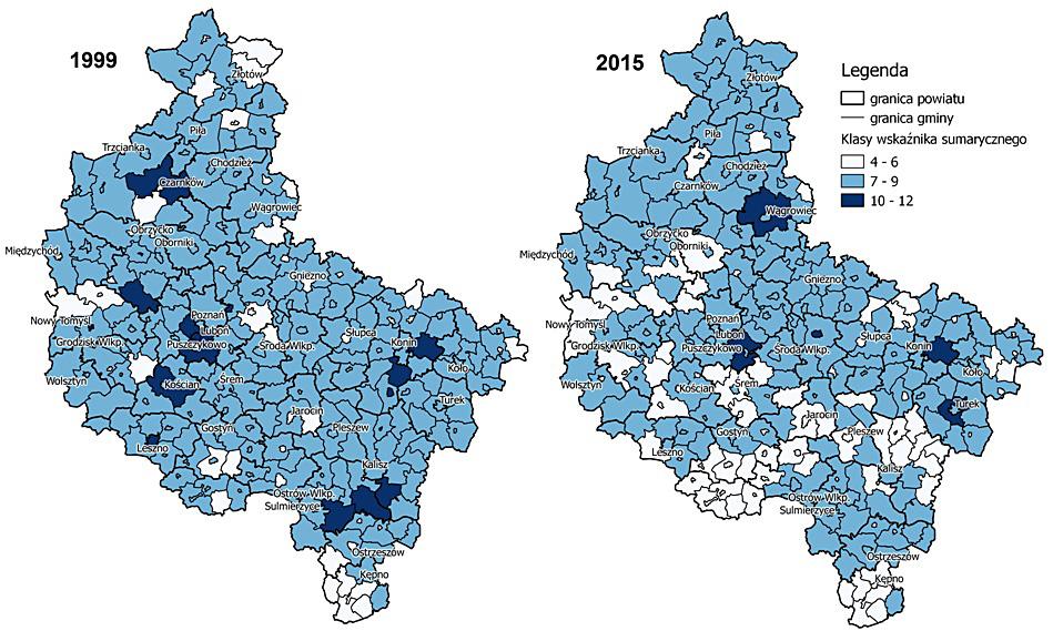 Tabela 3. Rozkład statystyczny wybranych wskaźników (liczba jednostek administracyjnych w poszczególnych klasach) Table 3.