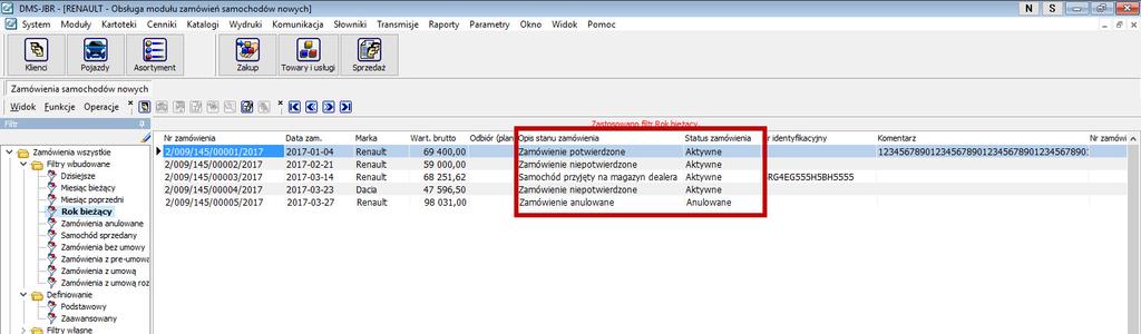4. Dodano informację na temat statusu zamówienia W module zamówień na samochody dodano