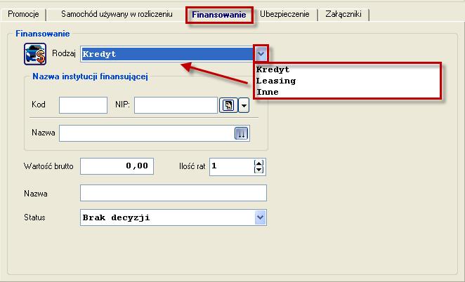 Ekran 17. Fragment okna obsługi modułu ofertowania samochodów nowych - zakładka Finansowanie.