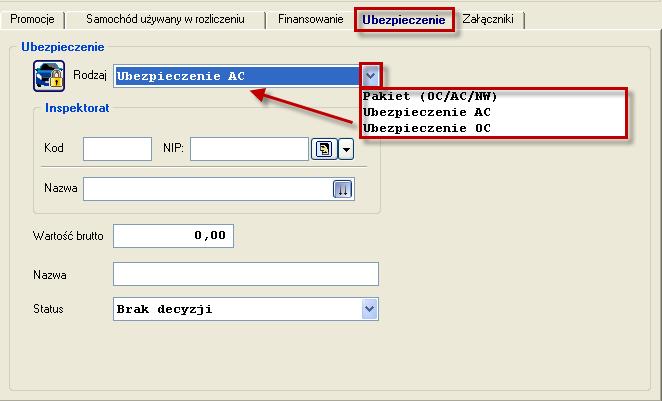 Dodatkowo w ofercie moŝna takŝe dodać ubezpieczenie, do wyboru mamy Pakiet (OC/AC/NW), Ubezpieczenie AC oraz Ubezpieczenie OC.