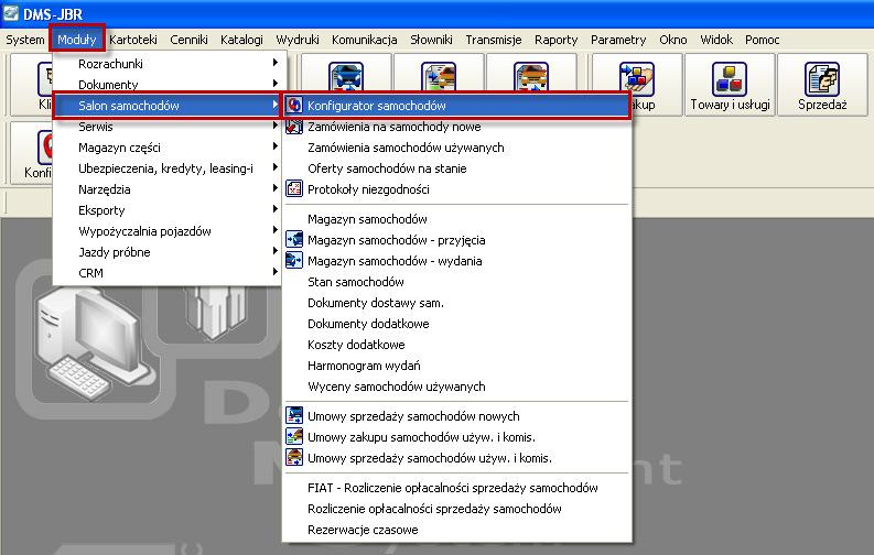 Ekran 2. Fragment okna głównego systemu DMS Wyświetlone zostanie okno obsługi modułu konfiguratora samochodów nowych (Ekran 3). Ekran 3.