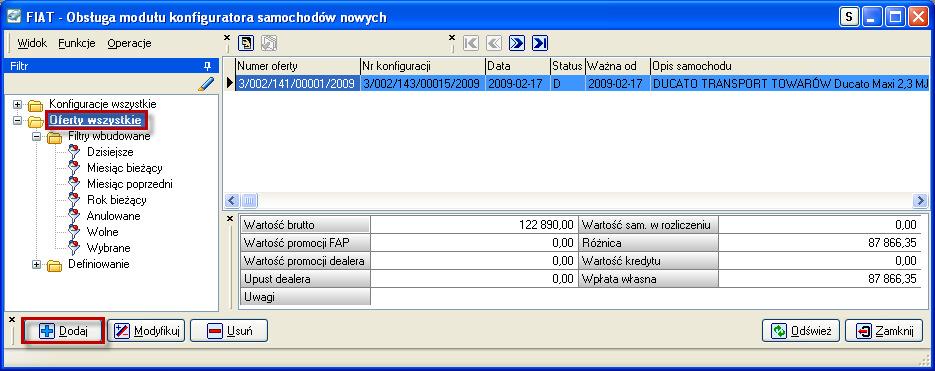 Ekran 4. Fragment okna obsługi modułu ofert na samochody nowe Krok 2 Dodanie nowej oferty Aby dodać nową ofertę klikamy przycisk modułu ofert na samochody nowe (Ekran 5).