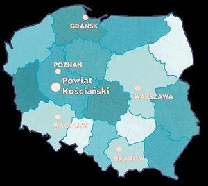 2. OGÓLNA CHARAKTERYSTYKA POWIATU KOŚCIAŃSKIEGO Powiat kościański położony jest w południowo-zachodniej części województwa wielkopolskiego, przy drodze krajowej nr 5 i głównym szlaku kolejowym
