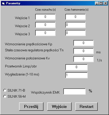 8 Opcja Parametry wywołuje ekran (rys. 9) umożliwiający zmianę parametrów pracy układu napędowego szczególnie współczynników K v, K p, T N.