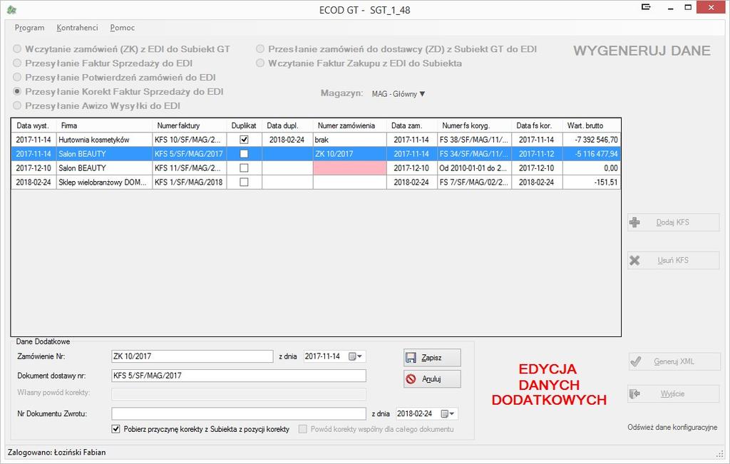 Przesyłanie korekt faktur sprzedaży do programu ECOD/EDI UWAGA opcja przesyłania nie jest dostępna przy wybraniu formatu ECOD/EDI dla branży elektro-technicznej.