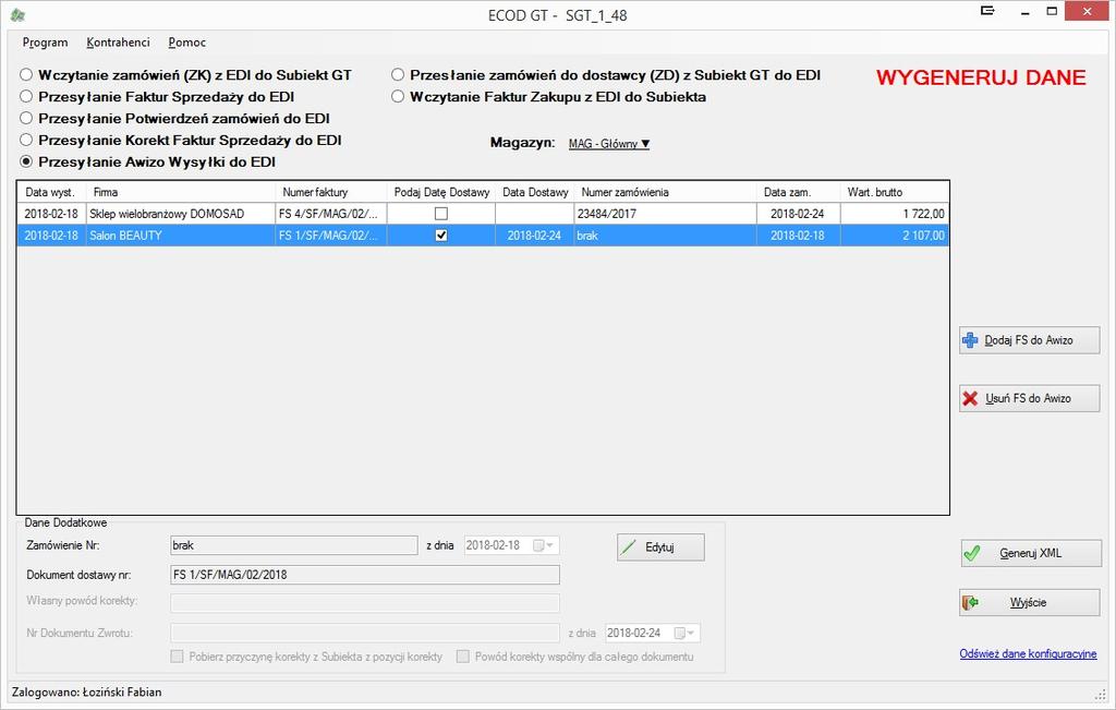 Przesyłanie Awizo Wysyłki/Dostawy do programu EDI/ECOD Wysyłka Awizo jest realizowan a w oparciu o Fakturę Sprzedaży z Subiekat.
