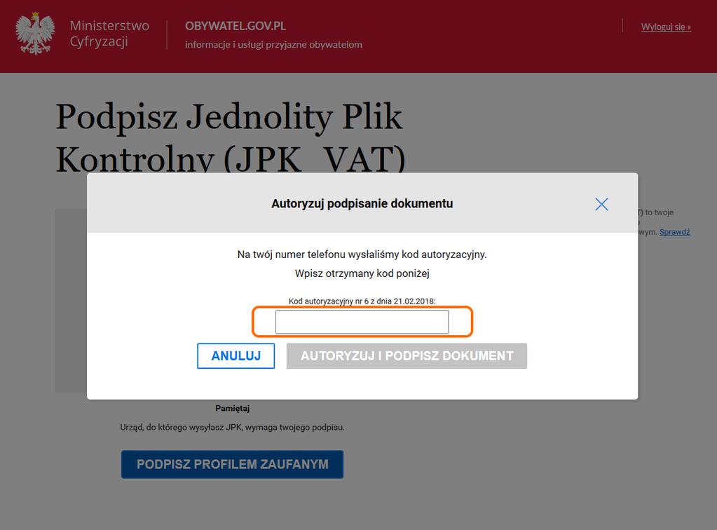 W zależności od wybranej formy weryfikacji, na ekranie pojawi się okno na