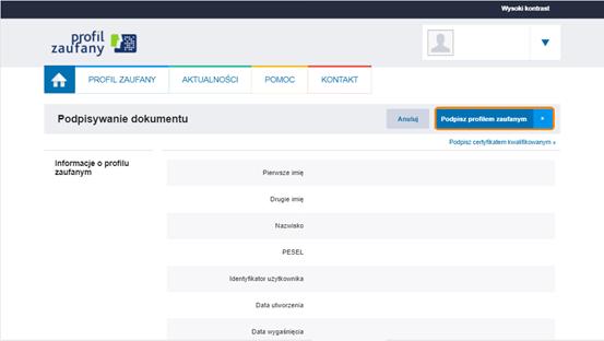 W sytuacji, gdy Profil Zaufany zakładany był za pomocą aplikacji bankowej, proces podpisywania pliku wygląda nieco inaczej.