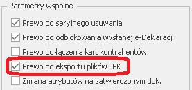 2 Konfiguracja ustawień związanych z JPK Aby móc wyeksportować dane, na karcie operatora w Konfiguracji Programu/ Użytkowe/ Operatorzy musi zostać zaznaczony parametr Prawo eksportu plików JPK: Tylko