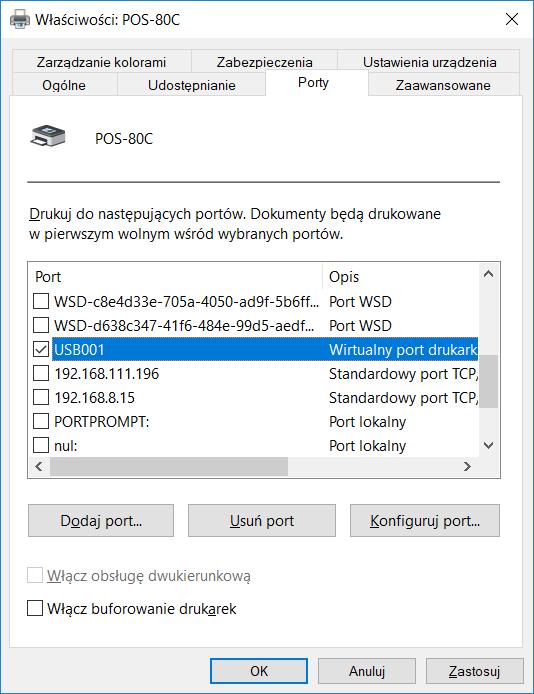 Opisywana instalacja dotyczy połączenia przewodem USB, więc należy wybrać wirtualny port USB zgodnie z poniższym rysunkiem: Po zakończeniu instalacji można sprawdzić, czy połączenie z drukarką jest