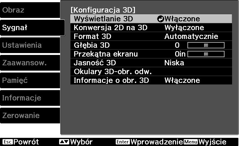 Przydatne funkje Konwersja obrazów 2D do formatu 3D i przeglądanie Użytkownik może konwertować obrazy 2D przesyłane za pośrednitwem gniazd HDMI1 lub HDMI2 bądź za pomoą funkji WirelessHD