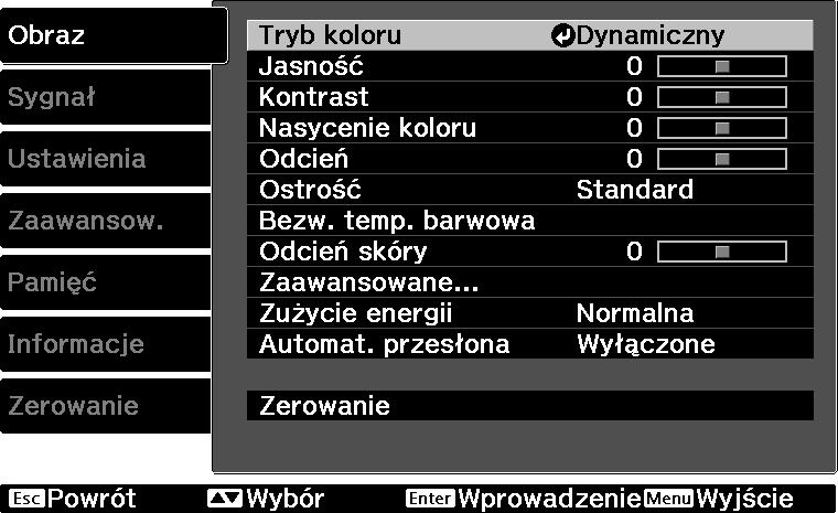 Pilot Panel sterowania Za pomoą przyisków wybierz menu podrzędne po prawej stronie, a następnie potwierdź
