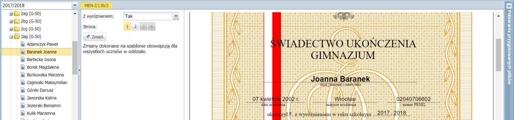 świadectwa ukończenia szkoły? 12/12 Oglądanie świadectw poszczególnych uczniów pod kątem kompletności i poprawności danych 1. W drzewie danych rozwiń gałąź oddziału i wybierz ucznia. 2.