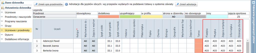 świadectwa ukończenia szkoły? 2/12 Do przedmiotów tych należy zastosować oznaczenie AO3 w tabeli dostępnej na stronie Uczniowie i przedmioty dziennika oddziału.