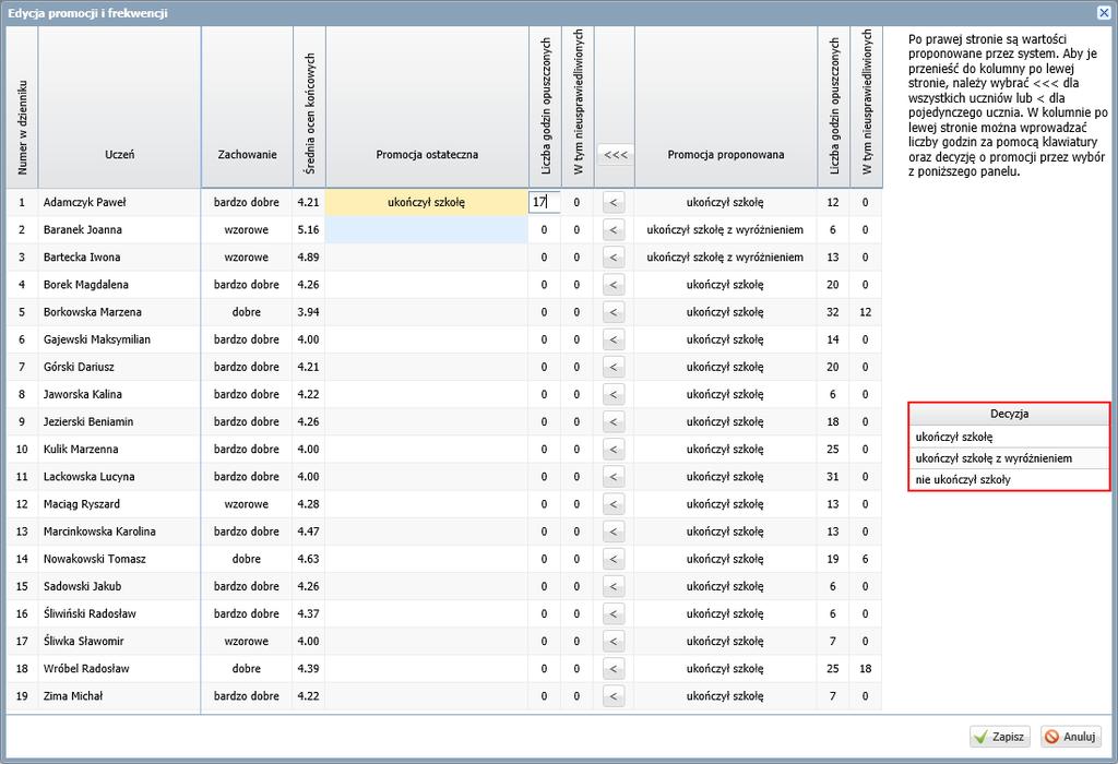 świadectwa ukończenia szkoły? 6/12 8. Wprowadź decyzje rady pedagogicznej o ukończeniu lub nieukończeniu szkoły przez poszczególnych uczniów oraz wprowadź dane dotyczące frekwencji.
