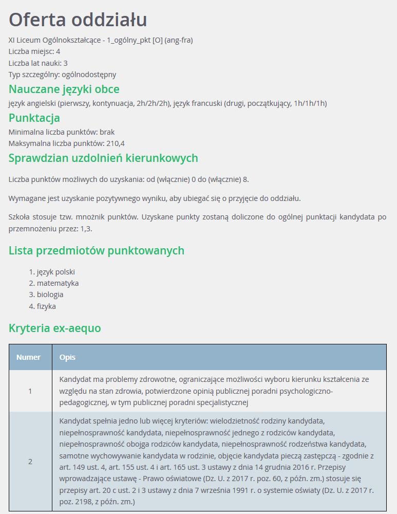 Podstawowe informacje dotyczące przeglądania oferty edukacyjnej szkół ponadgimnazjalnych Zostanie wyświetlony szczegółowy opis danej grupy, jej cechy oraz osiągnięcia i kryteria, które będą