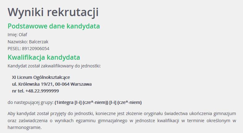 Aby się dowiedzieć, czy kandydat został zakwalifikowany, należy wybrać opcję Wyniki rekrutacji.