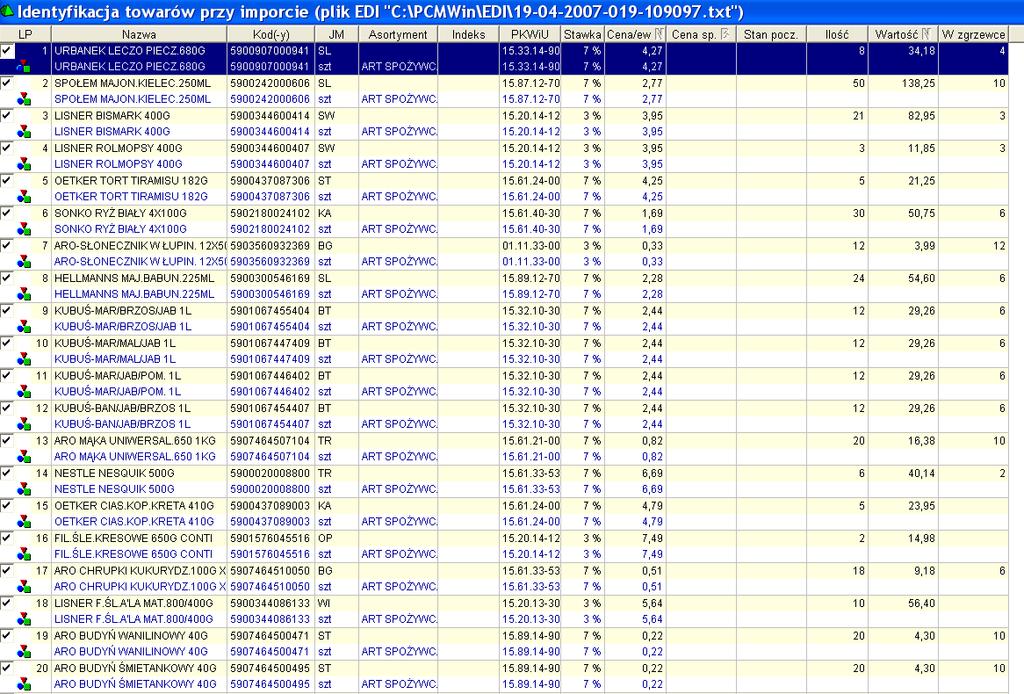 W sytuacji, gdy wszystkie zakupione towary wymienione w tym pliku EDI, mamy w naszej bazie danych to zobaczymy