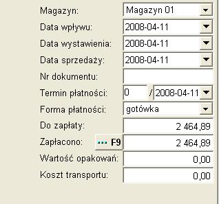 Wartości w cenach zakupu zostaną przepisane z dokumentu PZ. Z prawej strony okna są ustawienia dat oraz płatności.