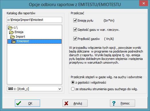 PROEKO R. Samoć Instrukcja programu "EMISJA" - 115 - Okno: Opcje odczytu z Emiotestu W oknie tym wybiera się katalog, w którym mają być gromadzone raporty.