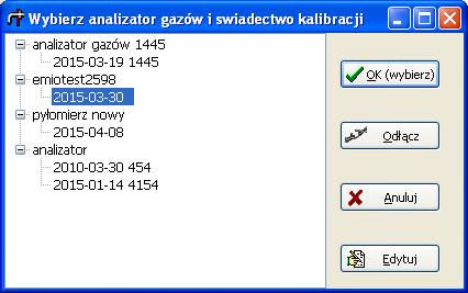 PROEKO R. Samoć Instrukcja programu "EMISJA" - 61 - Przycisk Edytuj świadectwa wzorcowania pyłomierzy otworzy okno: "Świadectwa wzorcowania pyłomierzy.
