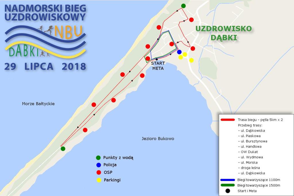 4. Trasa: V Nadmorskie Młodzieżowe Biegi Uzdrowiskowe Dąbki 2018 ul. Dąbkowicka, ul. Piaskowa, ul. Wydmowa, ul. Dąbkowicka. Pętle o długości 300m, 500m, 1100m i 1500m.