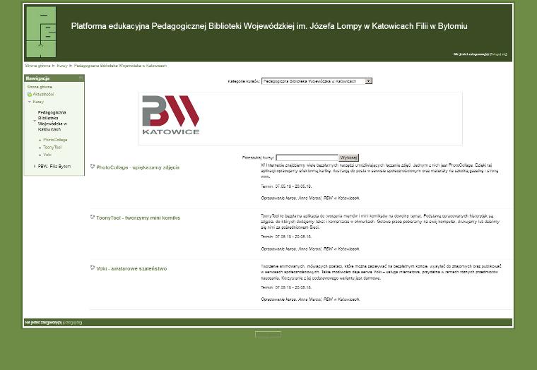 Kursy są realizowane na platformie bytomskiej filii PBW w Katowicach. Źródło ilustracji: http://www.bytom.pbw.katowice.pl/moodle/course/index.php?categoryid=4.