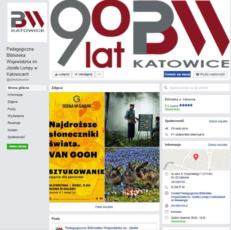 Il. Strona Pedagogicznej Biblioteki Wojewódzkiej im. Józefa Lompy w Katowicach w serwisie społecznościowym Facebook. Źródło: https://pl-pl.facebook.com/pbwkatowice/.