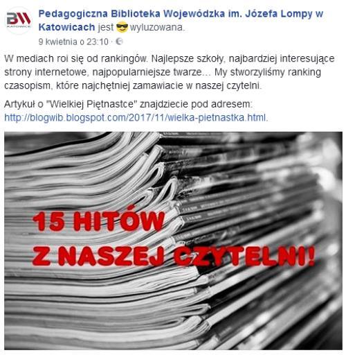 Za pośrednictwem Facebooka promujemy nasze zbiory tradycyjne i elektroniczne. Chwalimy się naszymi osiągnięciami i publikacjami w mediach (z kilkoma udało nam się nawiązać stałą współpracę).