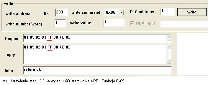 Przykład: Pytamy o 16 wyjść począwszy od adresu 200hex tj wyjścia Q0 sterownika ( instrukcja ) Pytanie ( bez CRC na końcu ) 01 01 02 00 00 10 Adr Funkcja Część Hi adresu Część Lo adresu Część Hi