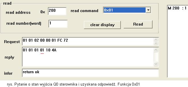 Nieco zamieszania jest przy odczycie / zapisie zmiennych dwustanowych ( input, coils ) Rysunek przedstawia przebieg przesłania pytania ( okienko Request ) o wartość tylko jednej zmiennej dwustanowej