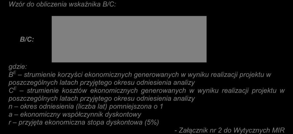 Wskaźnik B/C ( Benefits / Costs) oznacza stosunek sumy zdyskontowanych korzyści do sumy zdyskontowanych kosztów generowanych w okresie referencyjnym.