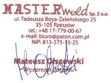 Nie oznacza to oceny całej produkcji. Producent powinien zagwarantować, aby cały produkt w produkcji seryjnej był zgodny z próbnym produktem wyszczególnionym w tym raporcie.