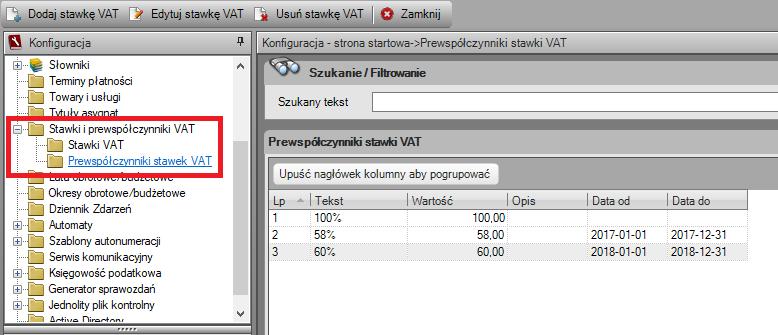 Krok 21 Pre i współczynniki stawek VAT dla roku 2018 Przed wprowadzeniem do roku 2018 pierwszej faktury zakupowej należy wprowadzić wartości Prewspółczynników i Wspołczynników stawek VAT dla roku