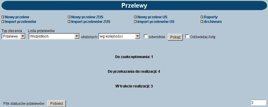 ROZDZIAŁ 5 PRZELEWY PRZELEWY Opcja [Przelewy] umożliwia: Wprowadzanie przelewów (zwykłych, ZUS i US) Import przelewów z plików o określonym formacie (szczegółowy opis formatów znajduje się w