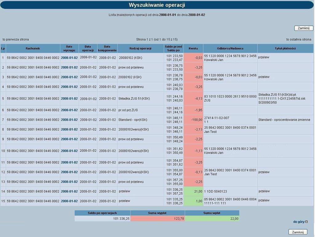 Poniżej listy operacji prezentowane jest podsumowanie zawierające: Saldo po operacjach, Sumę wypłat, Sumę wpłat.