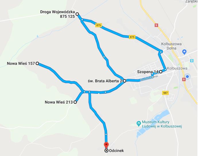 Kursy odwozowe o godzinie 14:30 Szkoła Podstawowa klasy od VII VIII i gimnazjum godzina 14:30, Kurs I Długość trasy 24 km 1. Świerczów obok piekarni 2. Świerczów Nadleśnictwo 3.